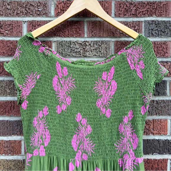 Green and Pink Floral Print Smocked Off the Shoulder Short Sleeve Maxi Dress - Picture 2 of 2